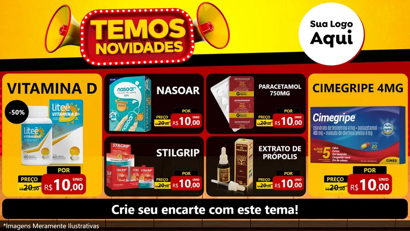 Modelo de TV para TV Horizontal com o tema Temos Novidades para Farmácia