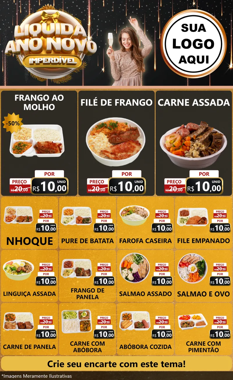 Modelo de Encarte para Encarte Grande com o tema Liquida Ano Novo Imperdível para Restaurante