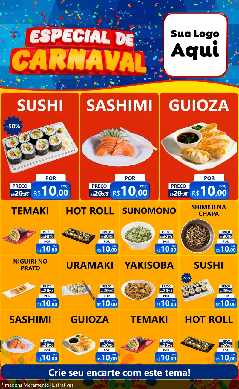 Modelo de Encarte para Encarte Grande com o tema Especial de Carnaval para Comida japonesa