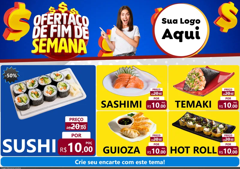 Modelo de Encarte para Encarte A4 Horizontal com o tema Ofertaço de Fim de Semana para Comida japonesa