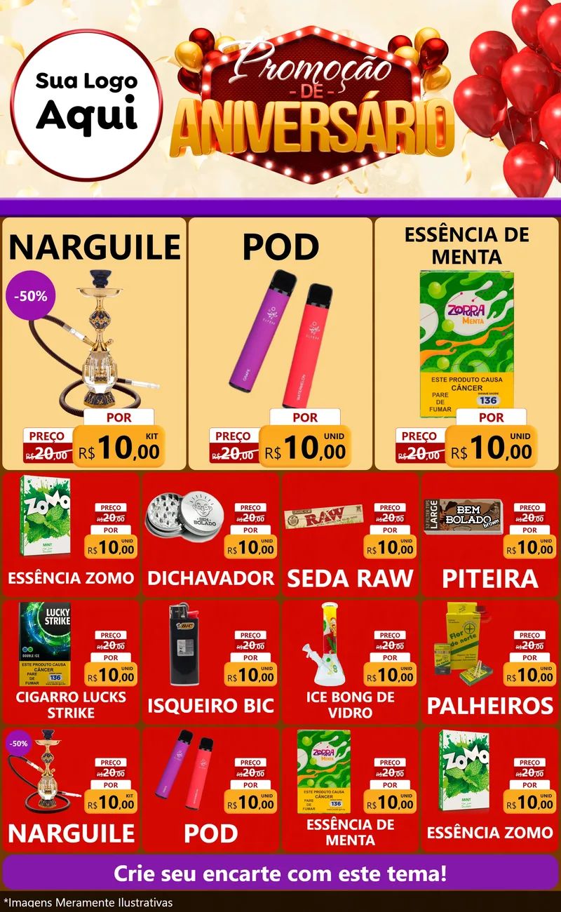 Modelo de Encarte para Encarte Grande com o tema Promoção de Aniversário para Tabacaria