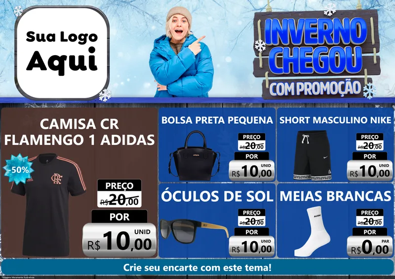 Modelo de Encarte para Encarte A4 Horizontal com o tema Inverno Chegou Com Promoção para Roupas e acessórios