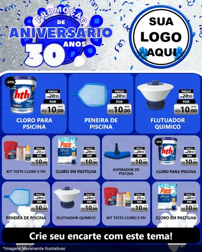 Modelo de Rede Social para Feed Instagram com o tema Promoção de Aniversário - 30 Anos para Produtos para Piscina