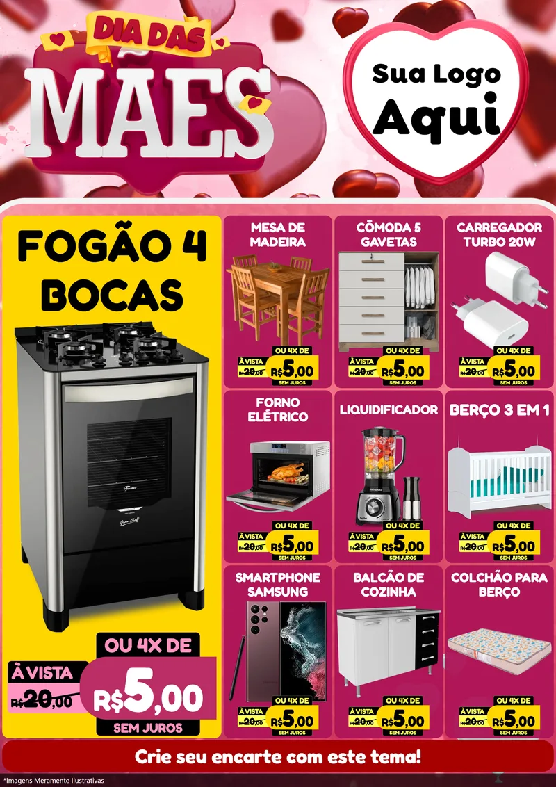 Modelo de Encarte para Encarte A4 Vertical com o tema Dia Das Mães para Móveis e Eletro
