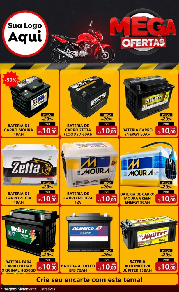 Modelo de Encarte para Encarte Grande com o tema Mega Ofertas - Motopeças para Baterias Elétricas