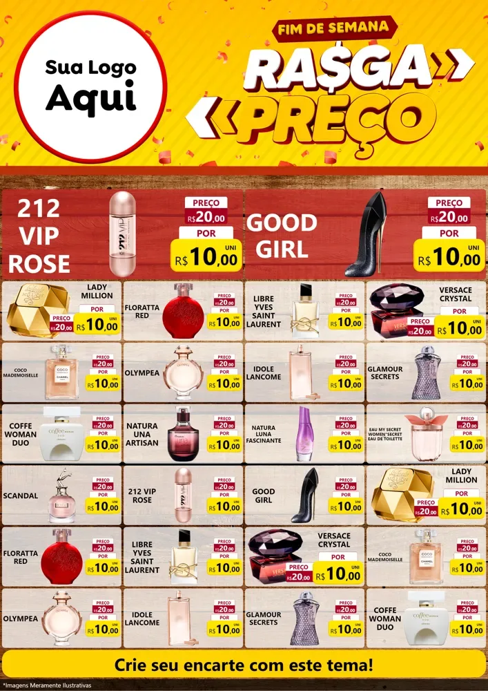 Modelo de Encarte para Encarte A4 Vertical com o tema Fim de Semana Rasga Preços para Perfumes
