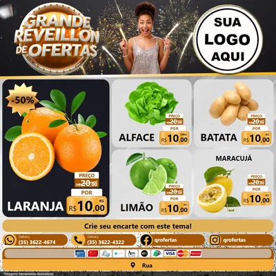 Modelo de Rede Social para Feed Facebook com o tema Grande Réveillon de Ofertas para Hortifrúti