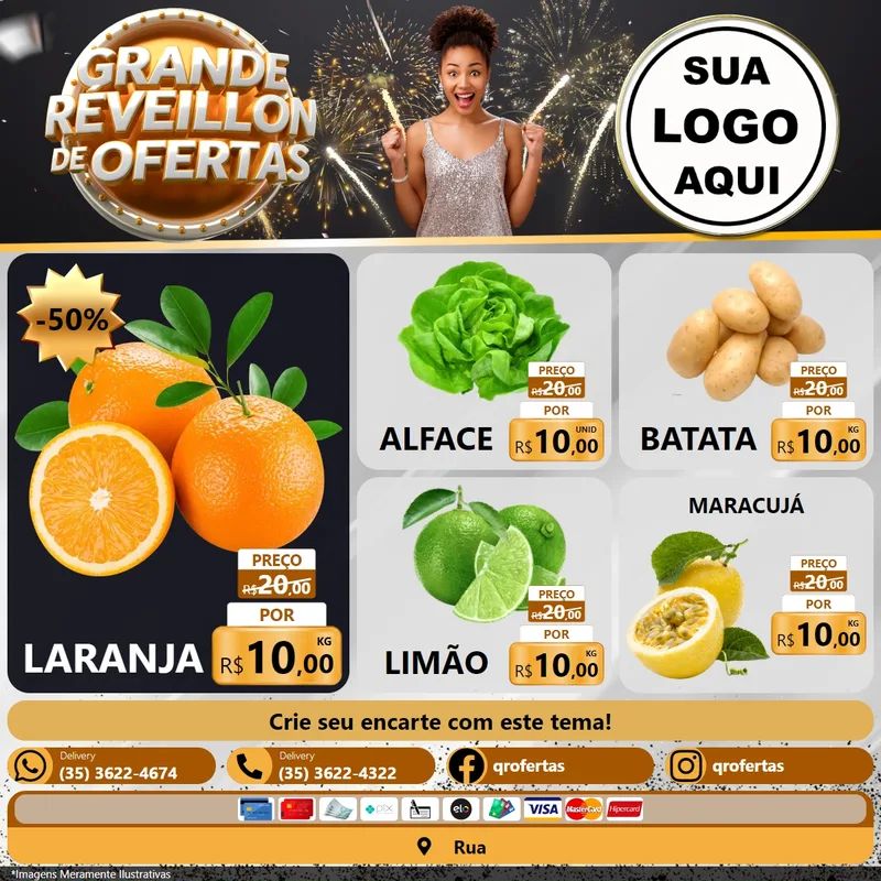 Modelo de Rede Social para Feed Facebook com o tema Grande Réveillon de Ofertas para Hortifrúti