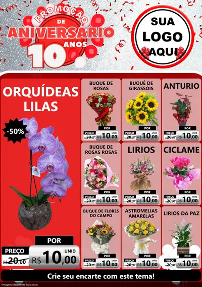Modelo de Encarte para Encarte A4 Vertical com o tema Promoção de Aniversário - 10 Anos para Floricultura e jardim