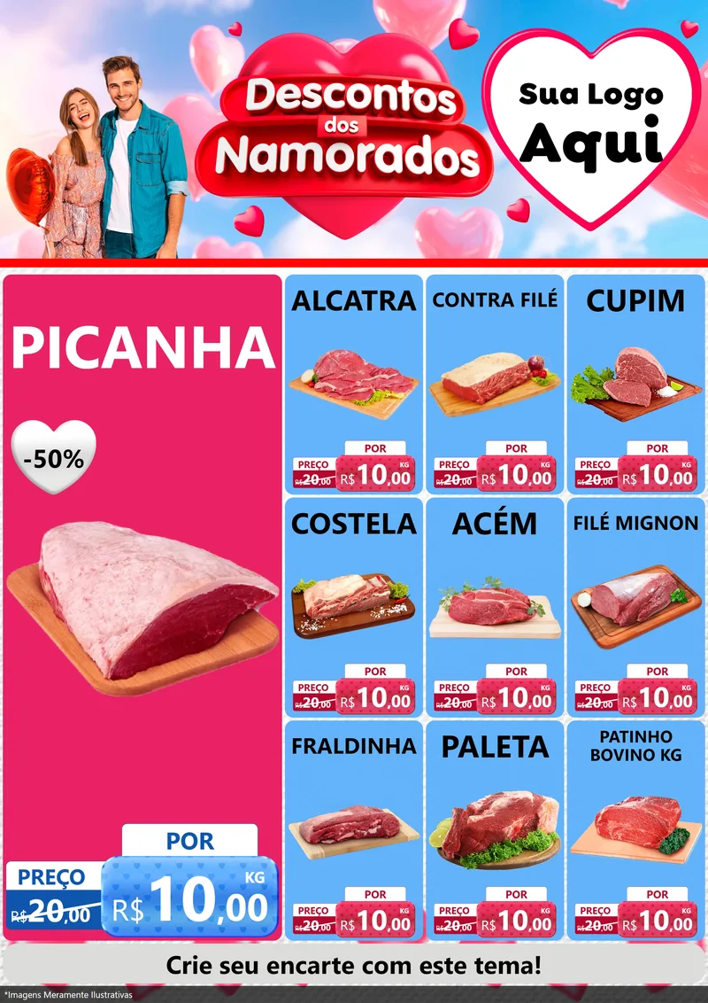 Modelo de Encarte para Encarte A4 Vertical com o tema Descontos dos Namorados para Açougue