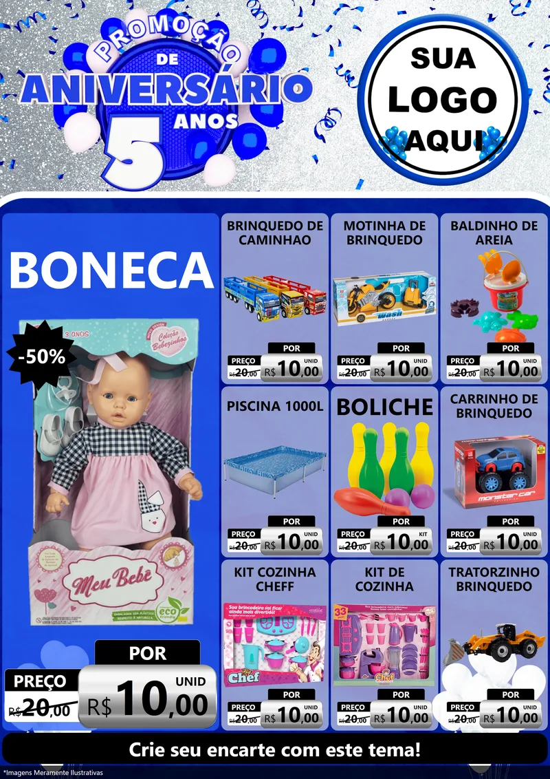 Modelo de Encarte para Encarte A4 Vertical com o tema Promoção de Aniversário - 5 Anos para Brinquedos