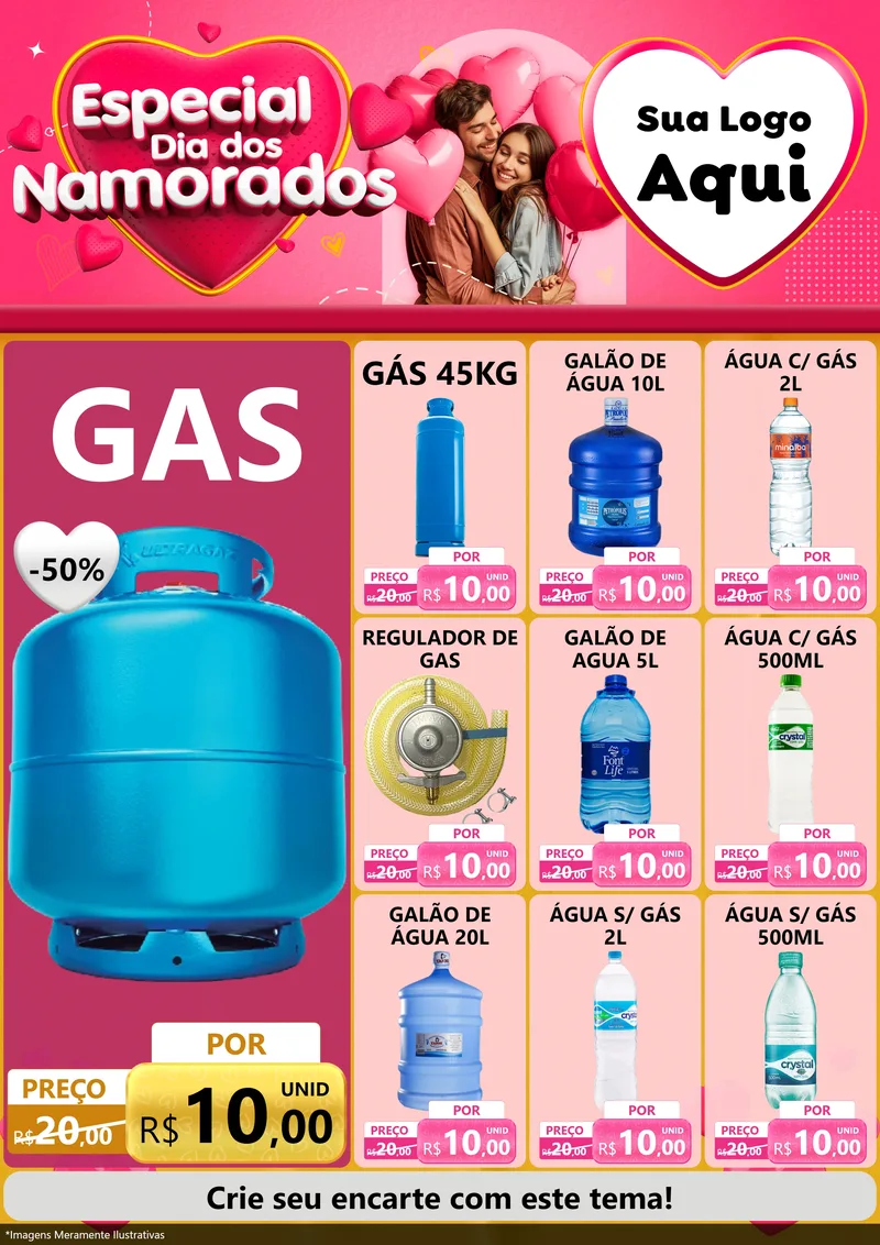 Modelo de Encarte para Encarte A4 Vertical com o tema Especial Dia dos Namorados para Água e gás