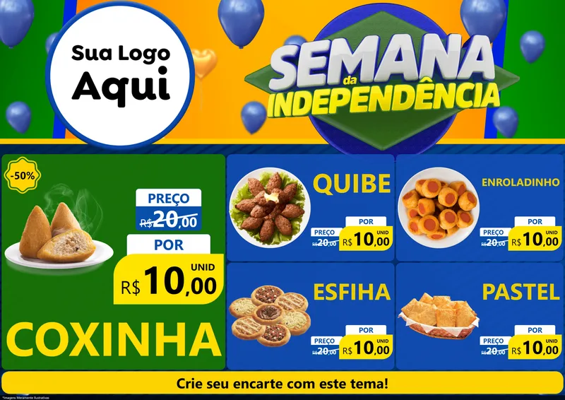 Modelo de Encarte para Encarte A4 Horizontal com o tema Semana da Independência para Salgadaria