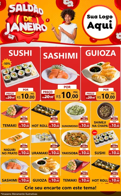 Modelo de Encarte para Encarte Grande com o tema Saldão de Janeiro para Comida japonesa