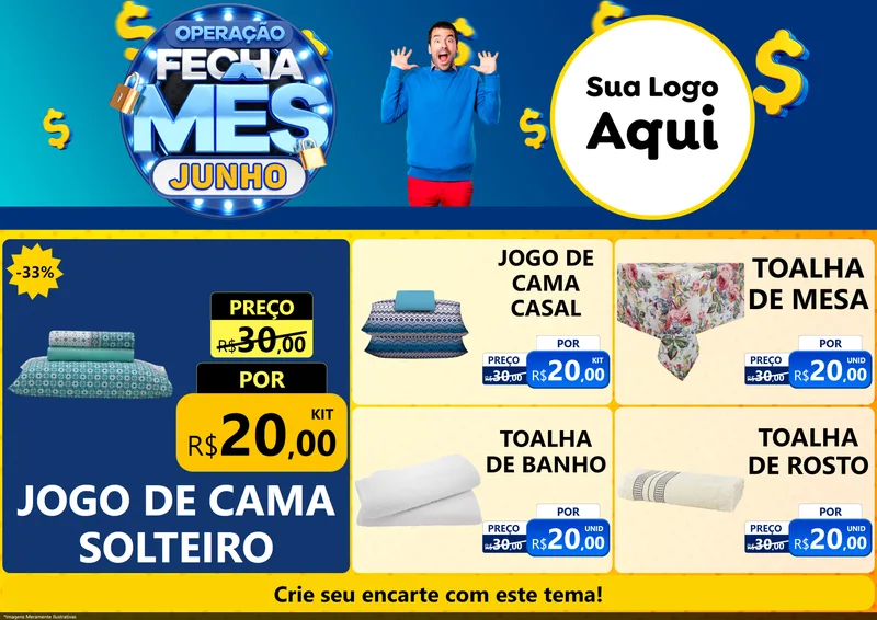 Modelo de Encarte para Encarte A4 Horizontal com o tema Operação Fecha Mês, Junho para Cama, Mesa e Banho