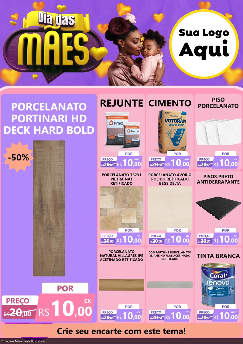 Modelo de Encarte para Encarte A4 Vertical com o tema Dia das Mães para Pisos e revestimentos