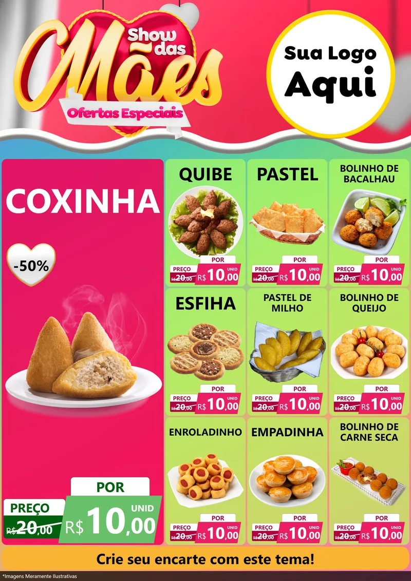 Modelo de Encarte para Encarte A4 Vertical com o tema Show das Mães - Ofertas Especiais para Salgadaria