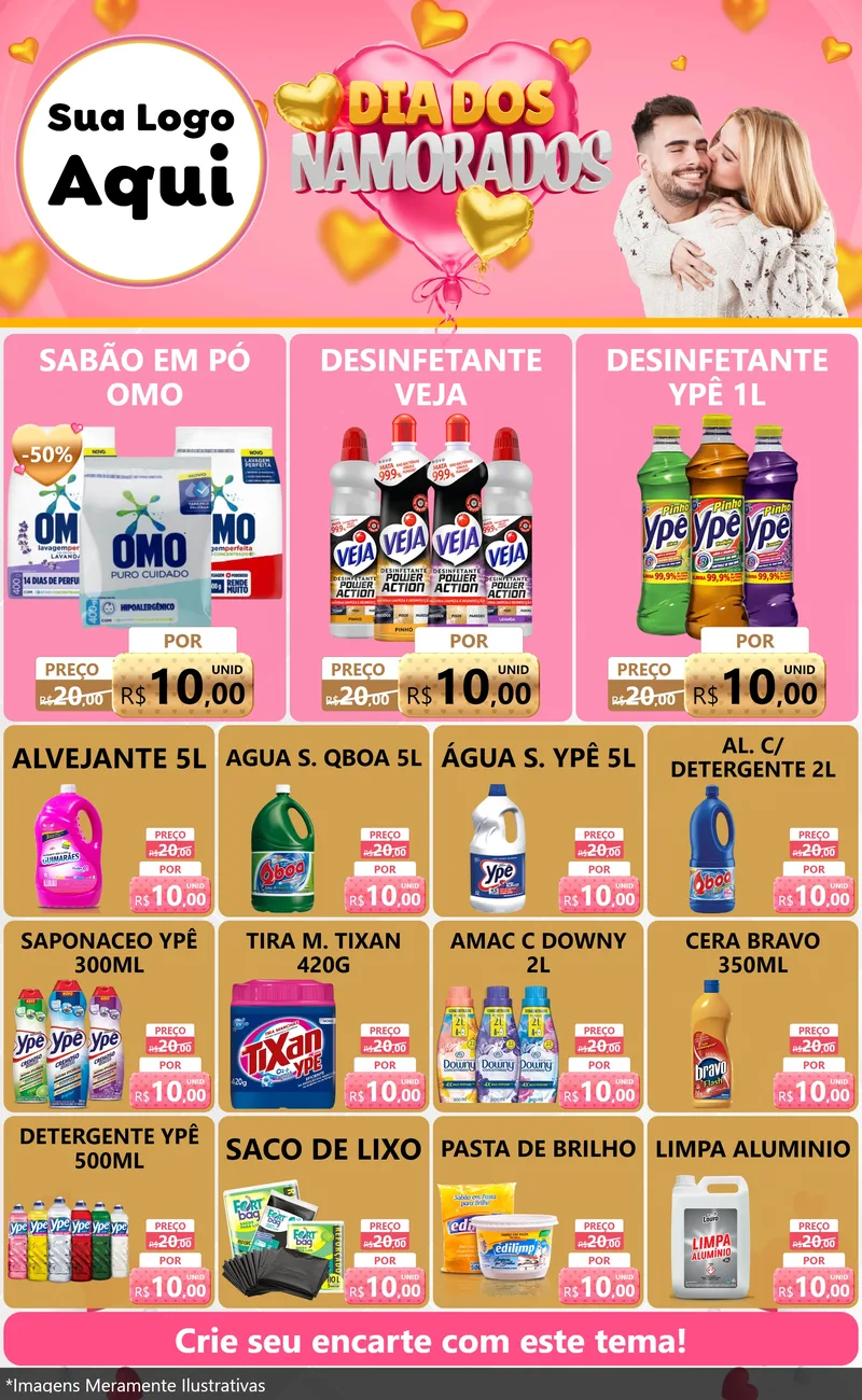 Modelo de Encarte para Encarte Grande com o tema Dia dos Namorados para Produtos de Limpeza