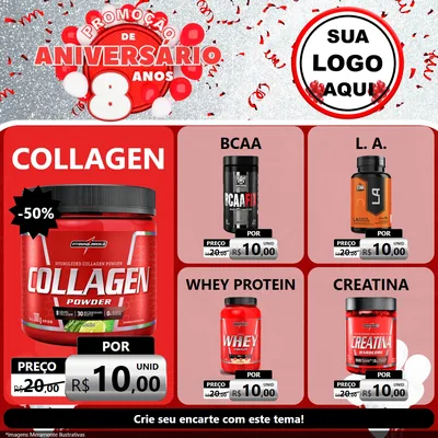 Modelo de Rede Social para Feed Facebook com o tema Promoção de Aniversário - 8 Anos para Suplementos alimentares
