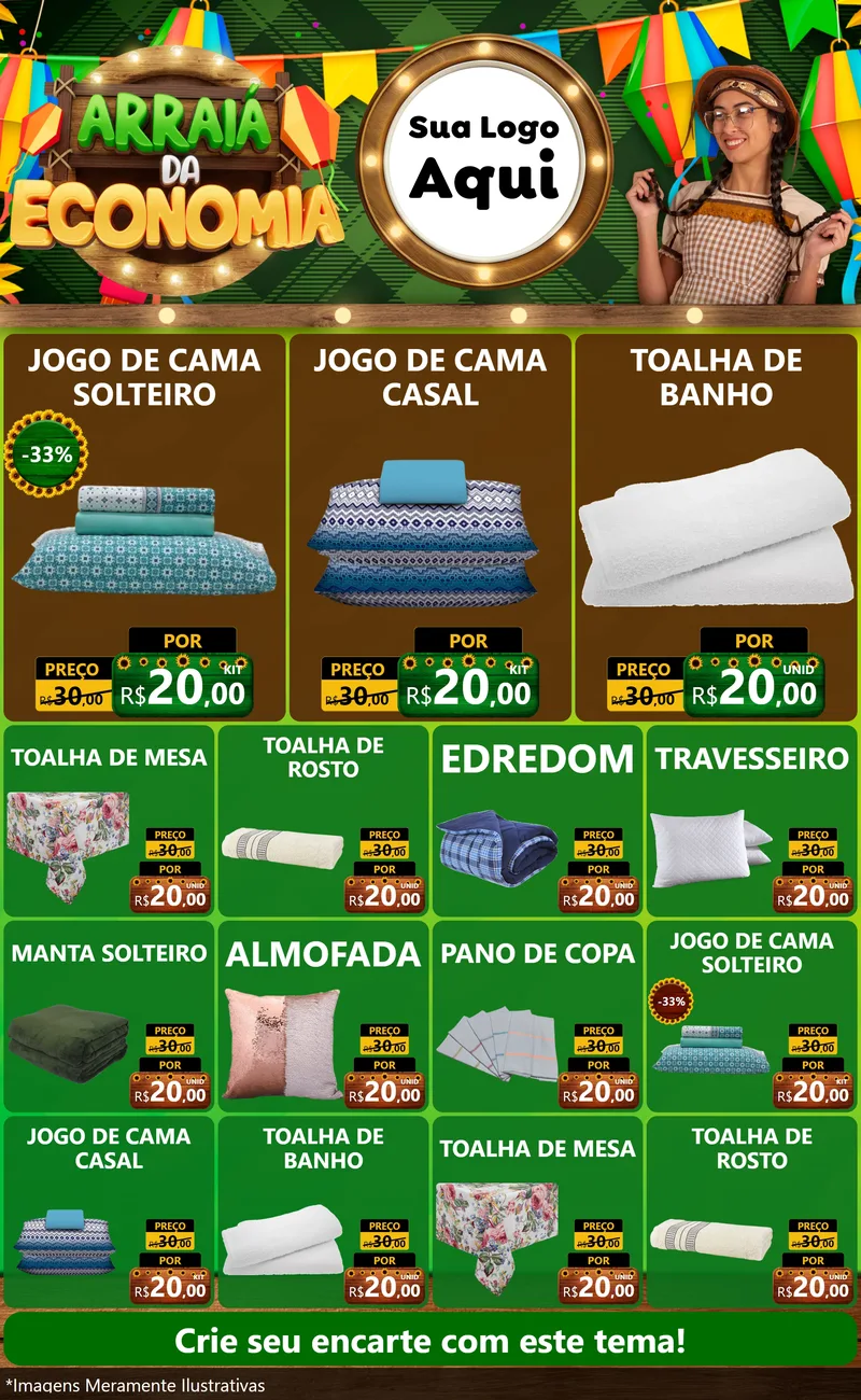 Modelo de Encarte para Encarte Grande com o tema Arraiá de Economia para Cama, Mesa e Banho