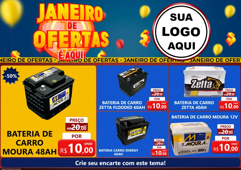 Modelo de Encarte para Encarte A4 Horizontal com o tema Janeiro de Ofertas É Aqui! para Baterias Elétricas