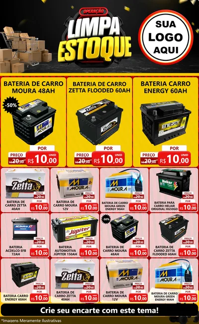 Modelo de Encarte para Encarte Grande com o tema Operação Limpa Estoque para Baterias Elétricas