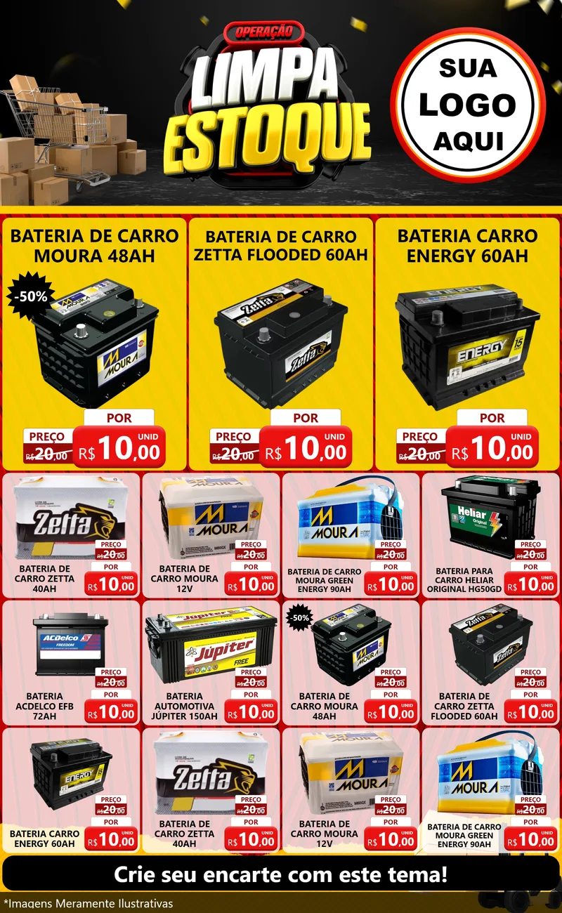 Modelo de Encarte para Encarte Grande com o tema Operação Limpa Estoque para Baterias Elétricas