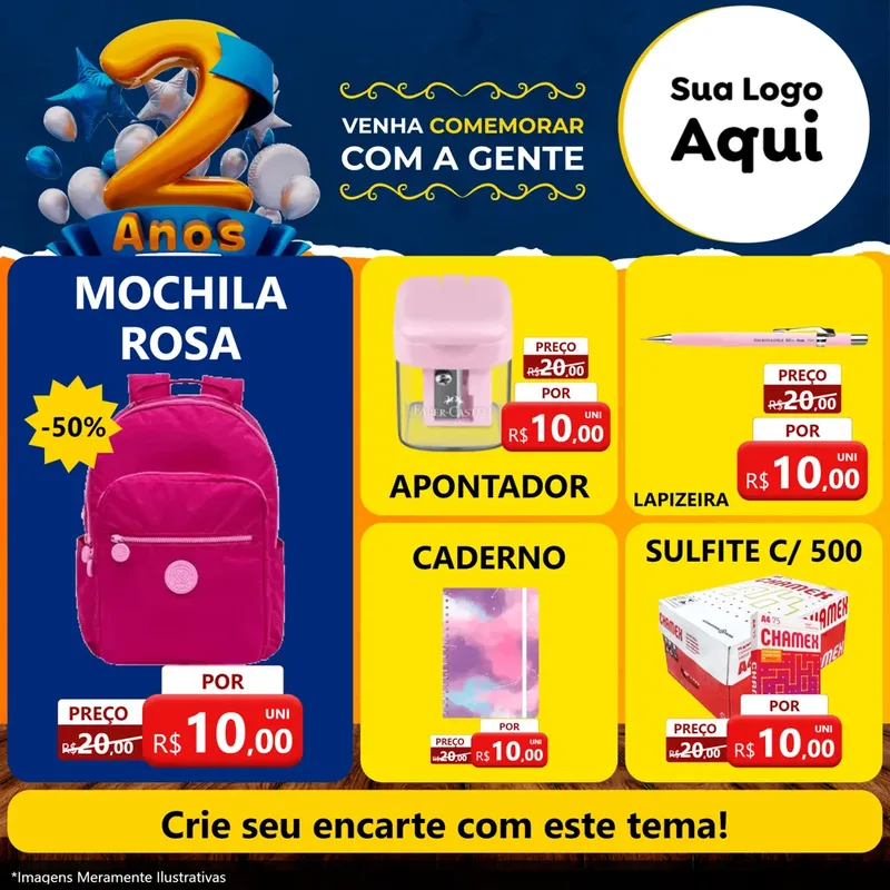 Modelo de Rede Social para Feed Facebook com o tema Aniversário de 2 anos para Papelaria
