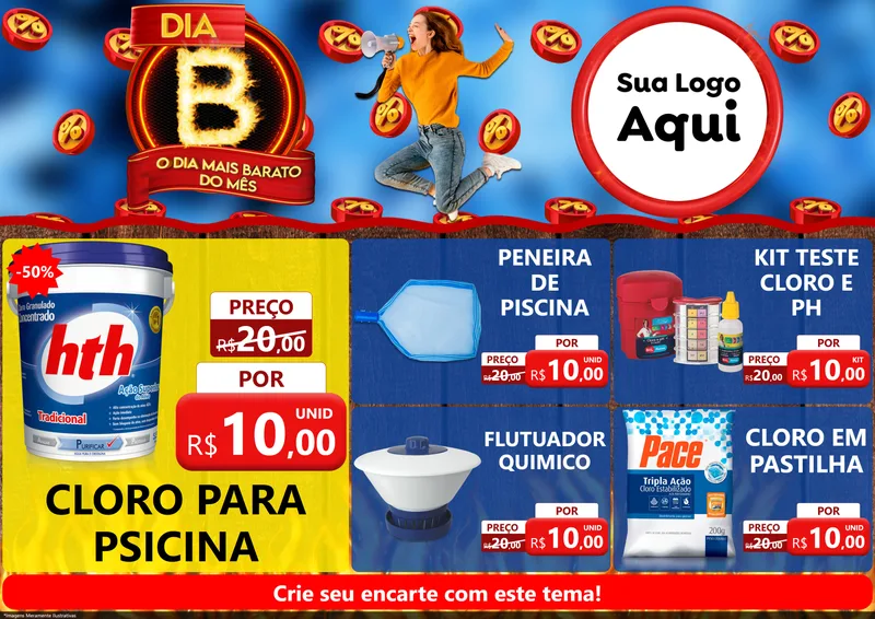 Modelo de Encarte para Encarte A4 Horizontal com o tema Dia B - O Dia Mais Barato Do Mês para Produtos para Piscina