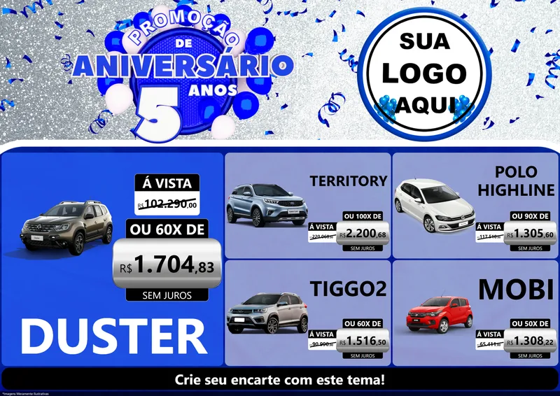 Modelo de Encarte para Encarte A4 Horizontal com o tema Promoção de Aniversário - 5 Anos para Concessionaria de Carros