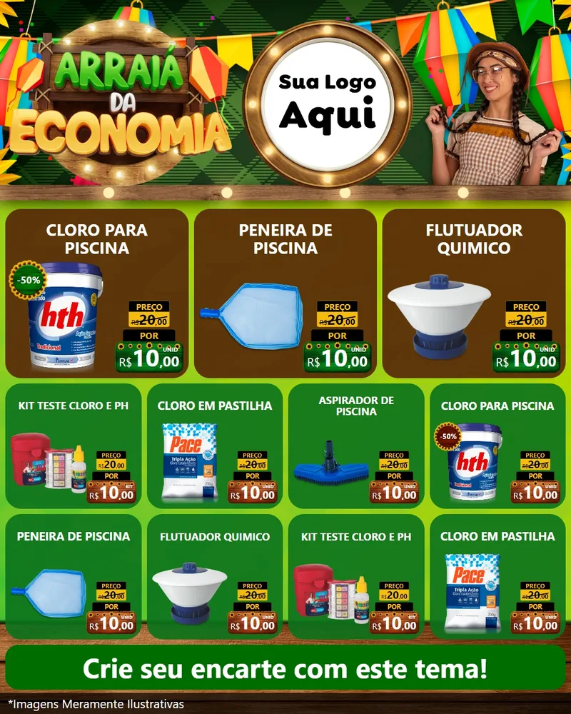 Modelo de Rede Social para Feed Instagram com o tema Arraiá de Economia para Produtos para Piscina