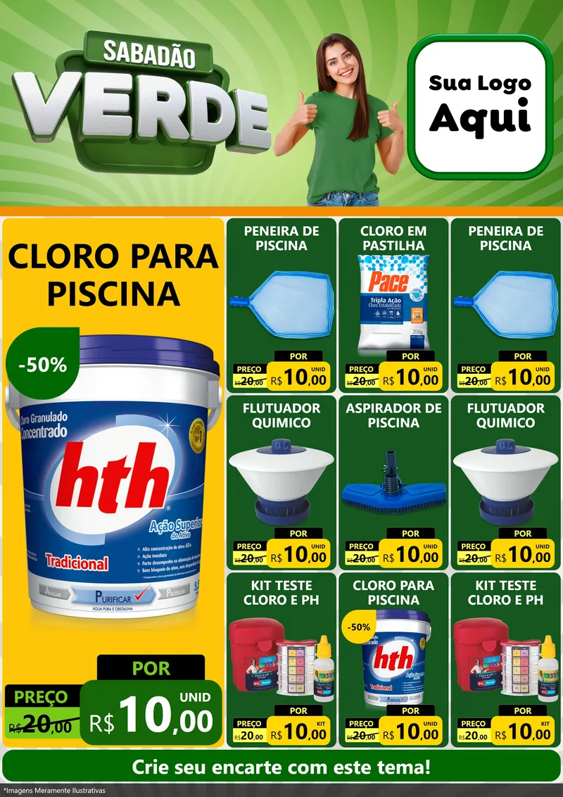 Modelo de Encarte para Encarte A4 Vertical com o tema Sabadão Verde para Produtos para Piscina