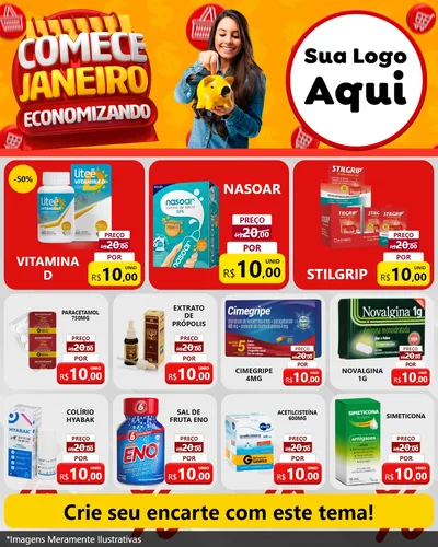 Modelo de Rede Social para Feed Instagram com o tema Comece Janeiro Economizando para Farmácia