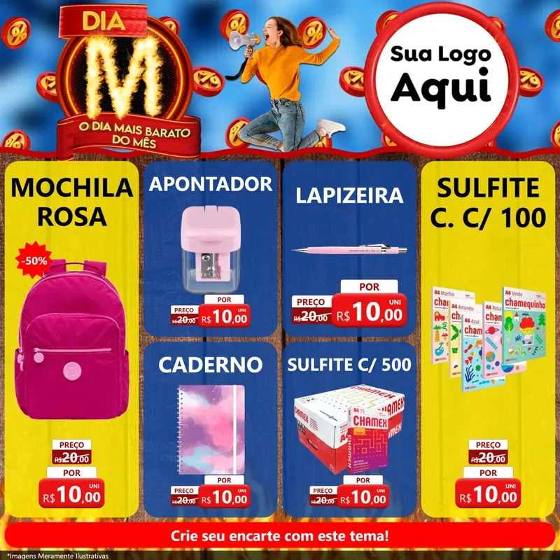 Modelo de Rede Social para Feed Facebook com o tema Dia M - O Dia Mais Barato Do Mês para Papelaria