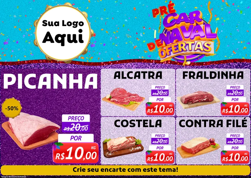 Modelo de Encarte para Encarte A4 Horizontal com o tema Pré Carnaval de Ofertas para Açougue