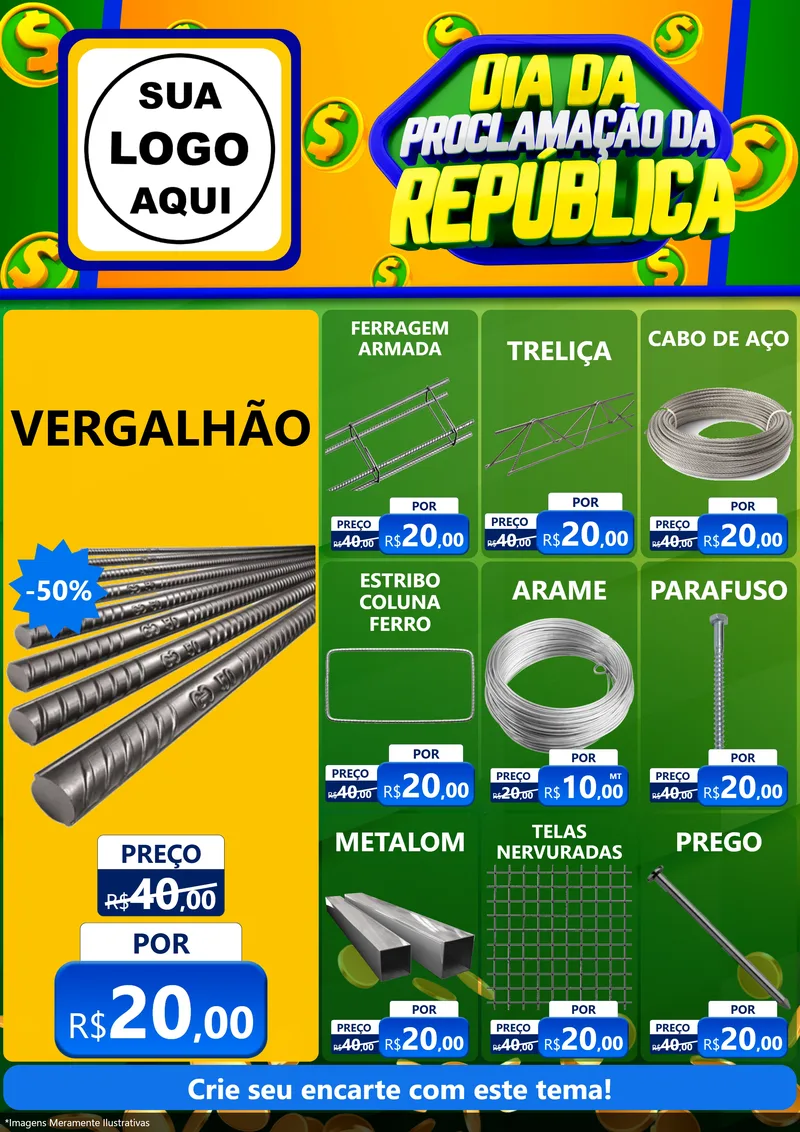 Modelo de Encarte para Encarte A4 Vertical com o tema Dia Da Proclamação da República para Ferragens
