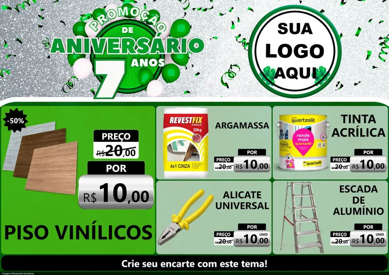 Modelo de Encarte para Encarte A4 Horizontal com o tema Promoção de Aniversário - 7 Anos para Material para Construção