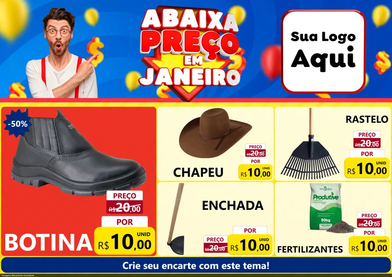 Modelo de Encarte para Encarte A4 Horizontal com o tema Abaixa Preço em Janeiro para Agropecuária