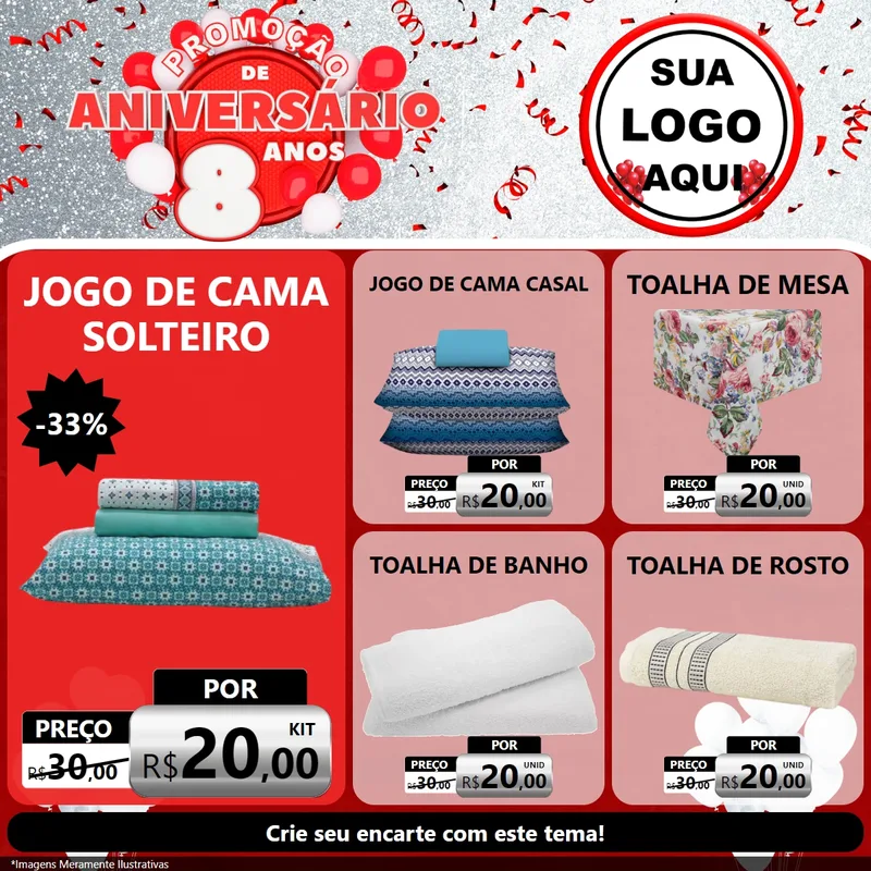 Modelo de Rede Social para Feed Facebook com o tema Promoção de Aniversário - 8 Anos para Cama, Mesa e Banho