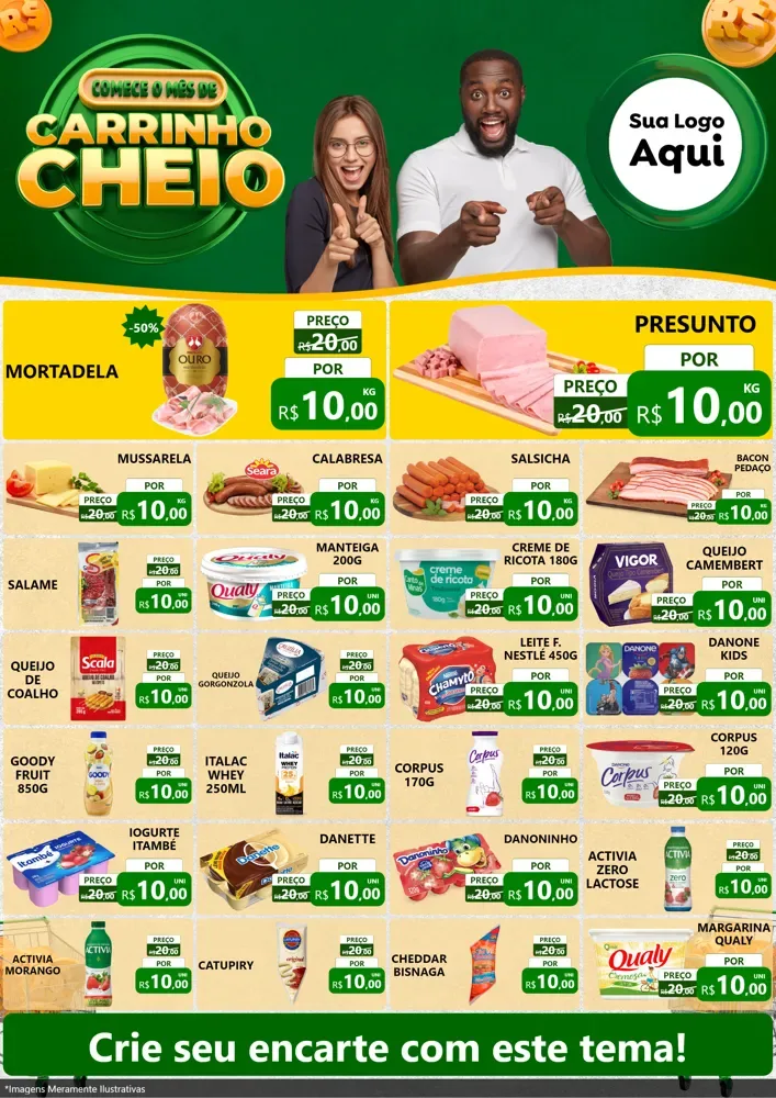 Modelo de Encarte para Encarte A4 Vertical com o tema Carrinho Cheio para Frios e Laticínios