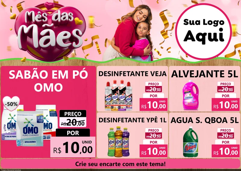 Modelo de Encarte para Encarte A4 Horizontal com o tema Mês das Mães para Produtos de Limpeza
