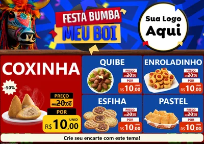 Modelo de Encarte para Encarte A4 Horizontal com o tema Festa Bumba meu Boi para Salgadaria