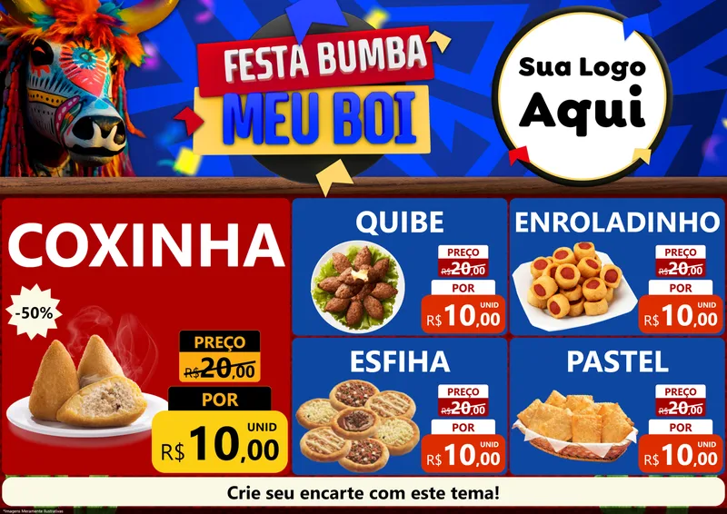 Modelo de Encarte para Encarte A4 Horizontal com o tema Festa Bumba meu Boi para Salgadaria