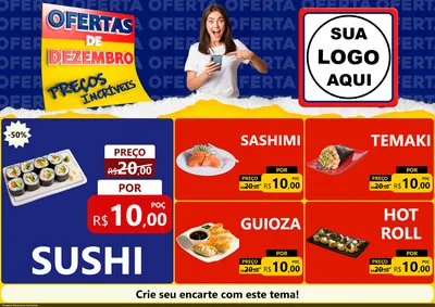 Modelo de Encarte para Encarte A4 Horizontal com o tema Ofertas de Dezembro - Preços Incríveis para Comida japonesa