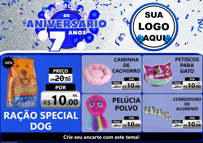 Modelo de Encarte para Encarte A4 Horizontal com o tema Promoção de Aniversário - 7 Anos para Pet Shop