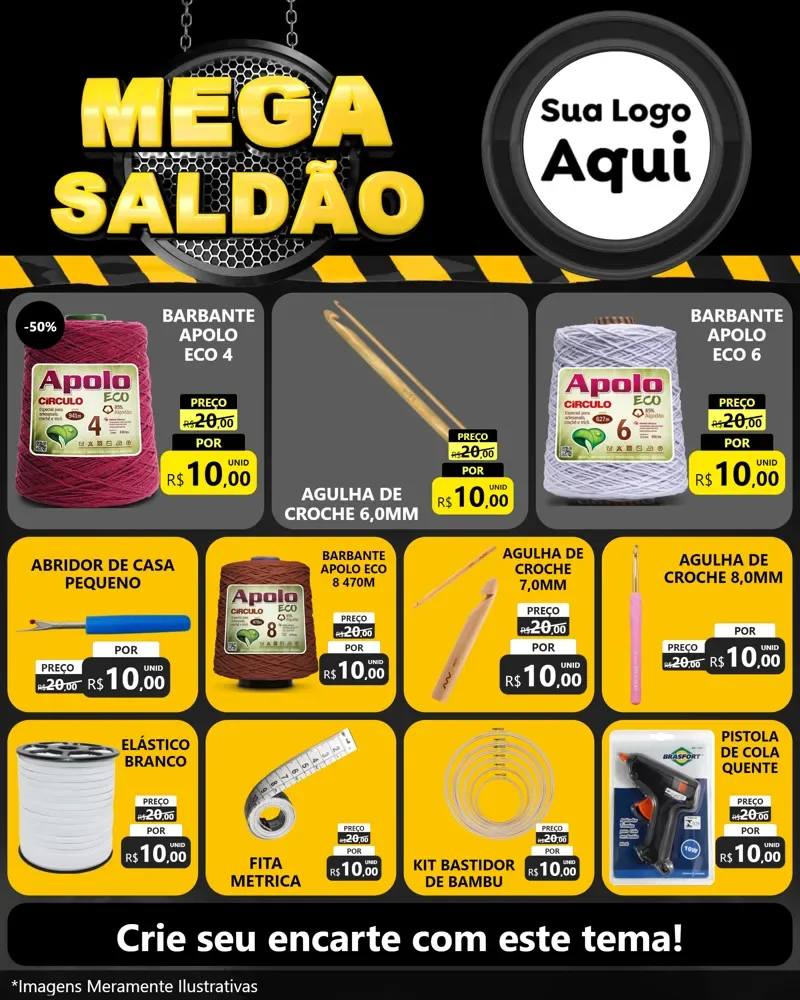 Modelo de Rede Social para Feed Instagram com o tema Mega Saldão para Armarinho e Aviamentos