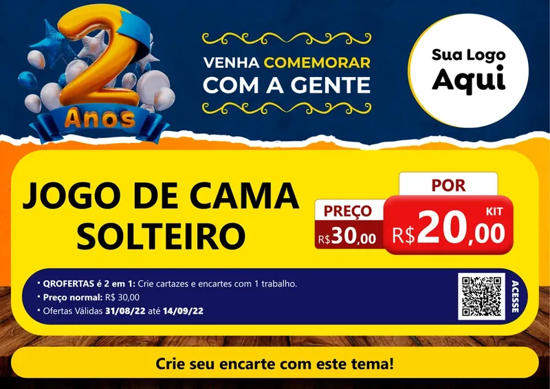 Modelo de Cartaz para Cartaz A4 Horizontal com o tema Aniversário de 2 anos para Cama, Mesa e Banho