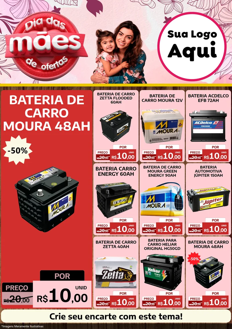 Modelo de Encarte para Encarte A4 Vertical com o tema Dia Das Mães De Ofertas para Baterias Elétricas
