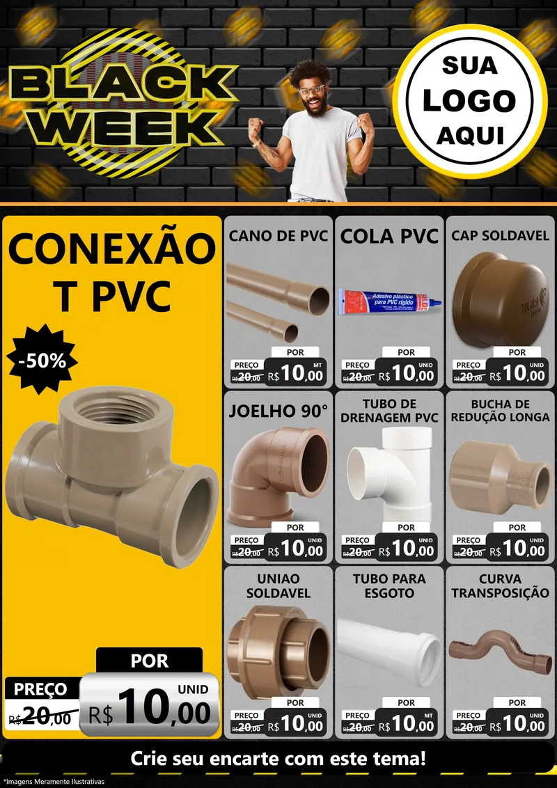 Modelo de Encarte para Encarte A4 Vertical com o tema Black Week para Tubos e conexões