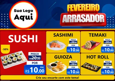 Modelo de Encarte para Encarte A4 Horizontal com o tema Fevereiro Arrasador para Comida japonesa